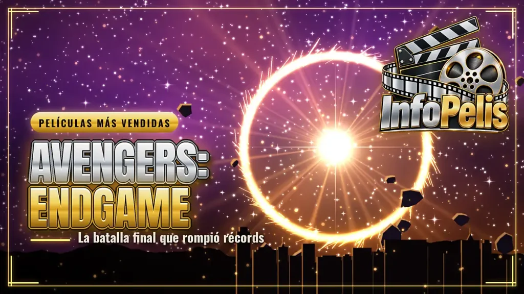 Avengers: Endgame, portal dorado de energía en el espacio sobre una ciudad en ruinas, con el logo de InfoPelis