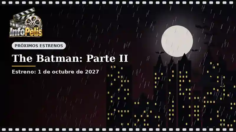 Ilustración InfoPelis: ciudad gótica bajo la lluvia con luna llena, murciélagos y una gárgola