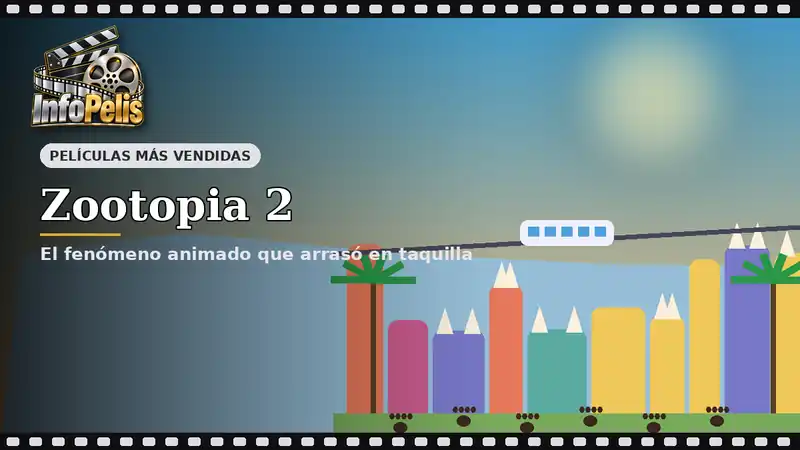 Ilustración InfoPelis: ciudad colorida con edificios de orejas, palmeras, monorriel y huellas de patas